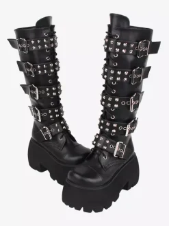 Gothic Lolita Boots PU Leather Glitter Metallic Rivets Grommets Round Toe Black Lolita Footwear