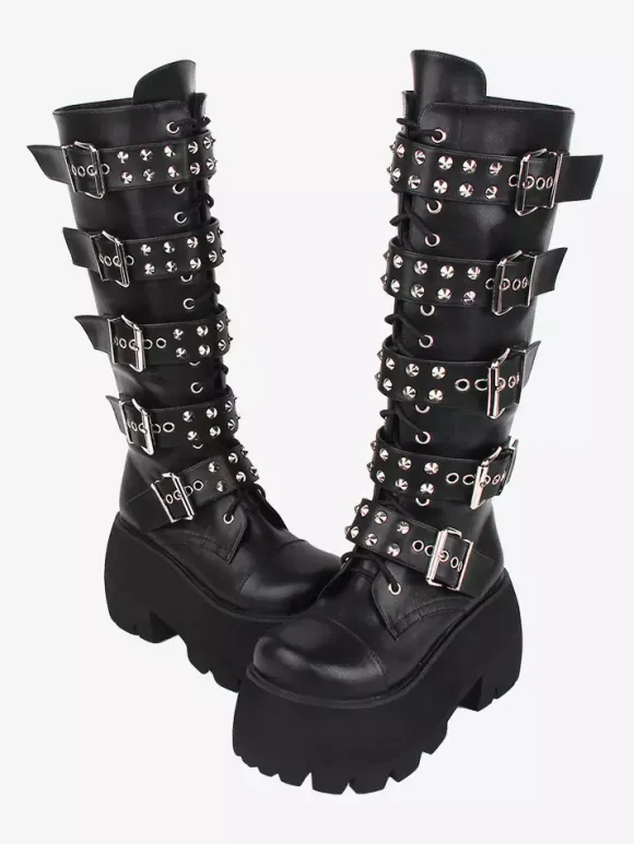 Gothic Lolita Boots PU Leather Glitter Metallic Rivets Grommets Round Toe Black Lolita Footwear