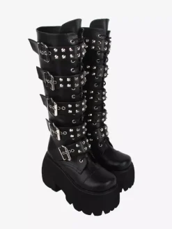 Gothic Lolita Boots PU Leather Glitter Metallic Rivets Grommets Round Toe Black Lolita Footwear