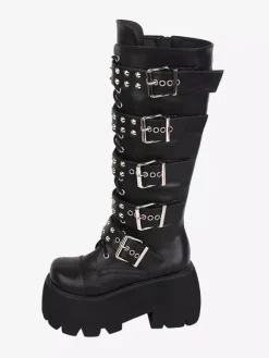 Gothic Lolita Boots PU Leather Glitter Metallic Rivets Grommets Round Toe Black Lolita Footwear