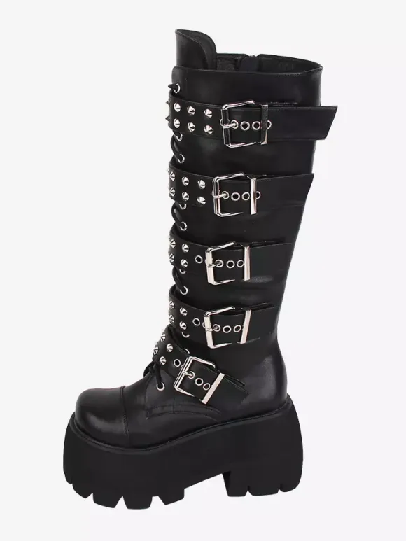 Gothic Lolita Boots PU Leather Glitter Metallic Rivets Grommets Round Toe Black Lolita Footwear