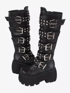 Gothic Lolita Boots PU Leather Glitter Metallic Rivets Grommets Round Toe Black Lolita Footwear