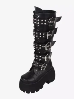 Gothic Lolita Boots PU Leather Glitter Metallic Rivets Grommets Round Toe Black Lolita Footwear