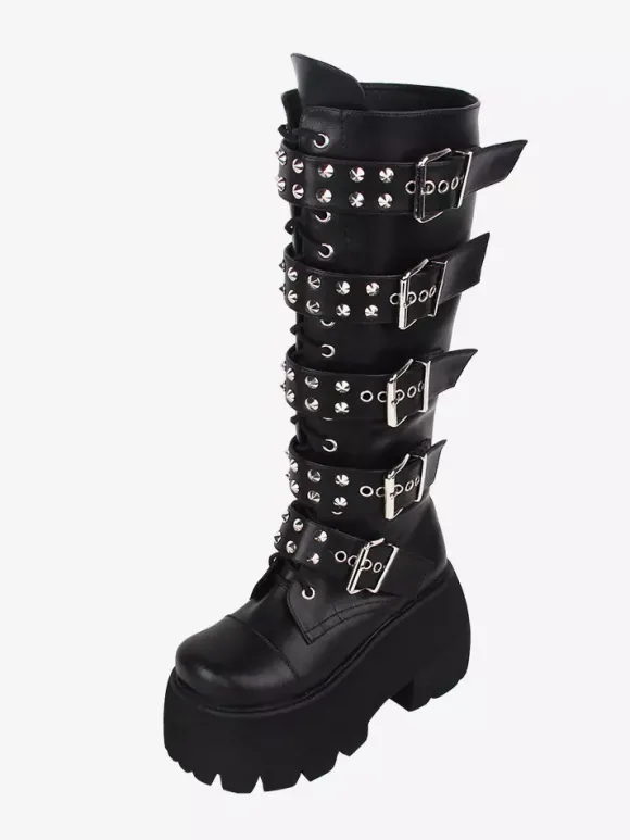 Gothic Lolita Boots PU Leather Glitter Metallic Rivets Grommets Round Toe Black Lolita Footwear
