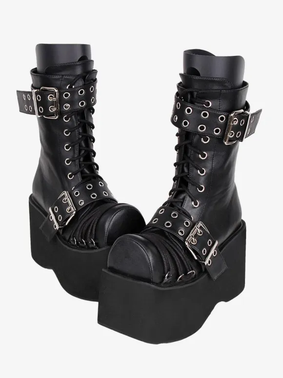 Gothic Lolita Boots PU Leather PU Round Toe Burgundy Lolita Footwear