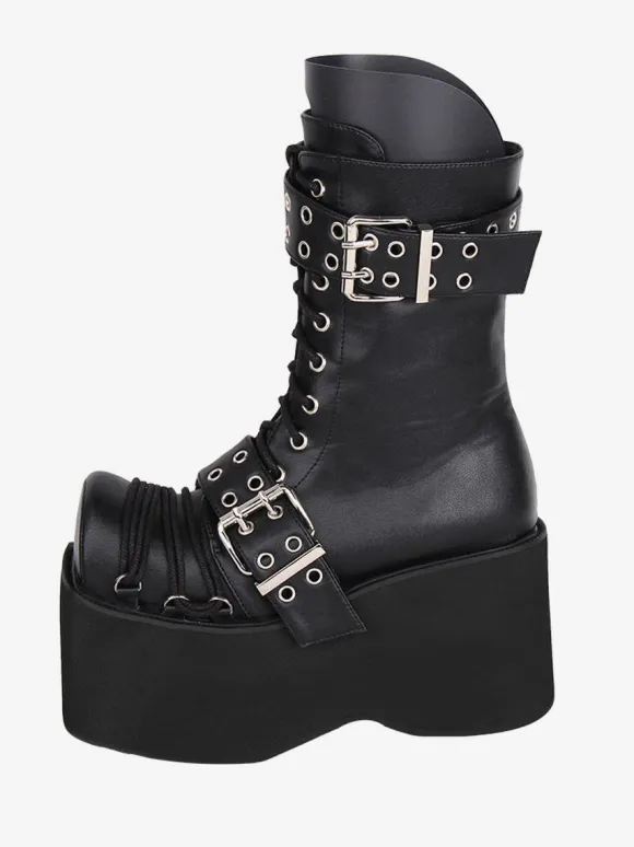 Gothic Lolita Boots PU Leather PU Round Toe Burgundy Lolita Footwear