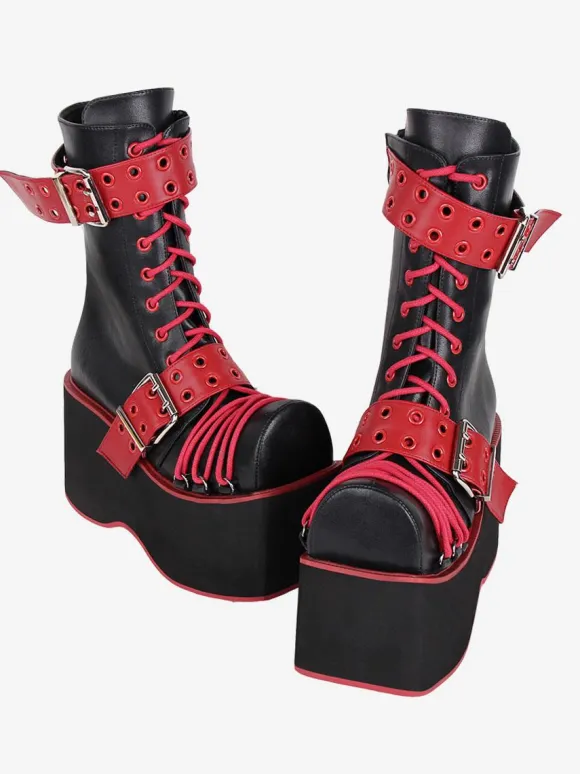 Gothic Lolita Boots PU Leather PU Round Toe Burgundy Lolita Footwear