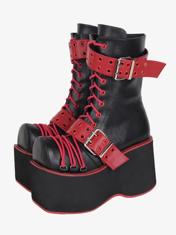Gothic Lolita Boots PU Leather PU Round Toe Burgundy Lolita Footwear