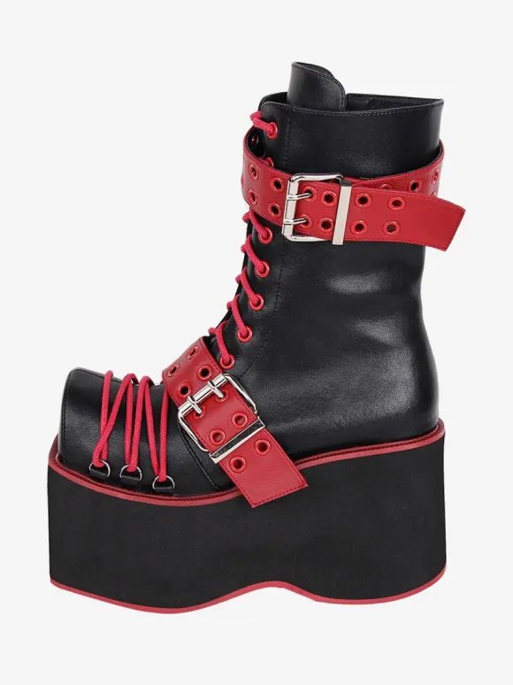Gothic Lolita Boots PU Leather PU Round Toe Burgundy Lolita Footwear