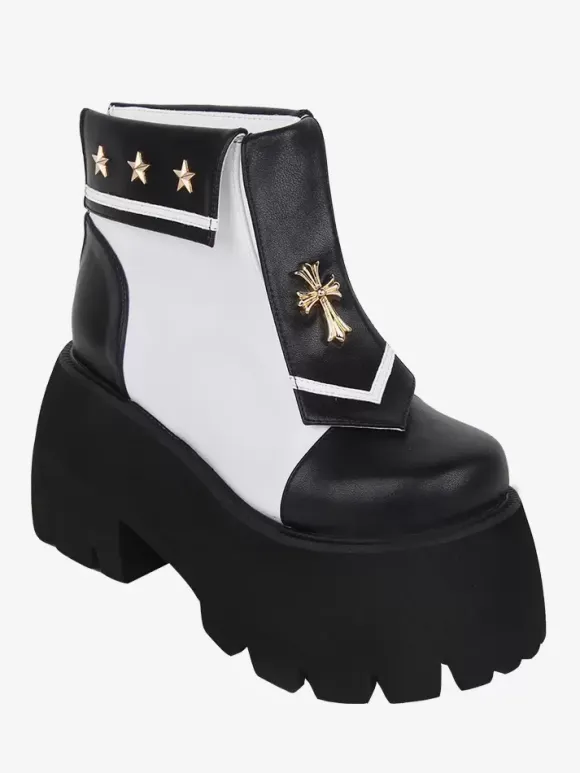Gothic Lolita Boots PU Leather Metallic Grommets Square Toe Black Lolita Footwear