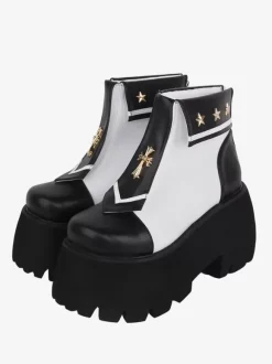 Gothic Lolita Boots PU Leather Metallic Grommets Square Toe Black Lolita Footwear