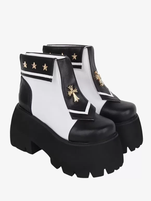 Gothic Lolita Boots PU Leather Metallic Grommets Square Toe Black Lolita Footwear