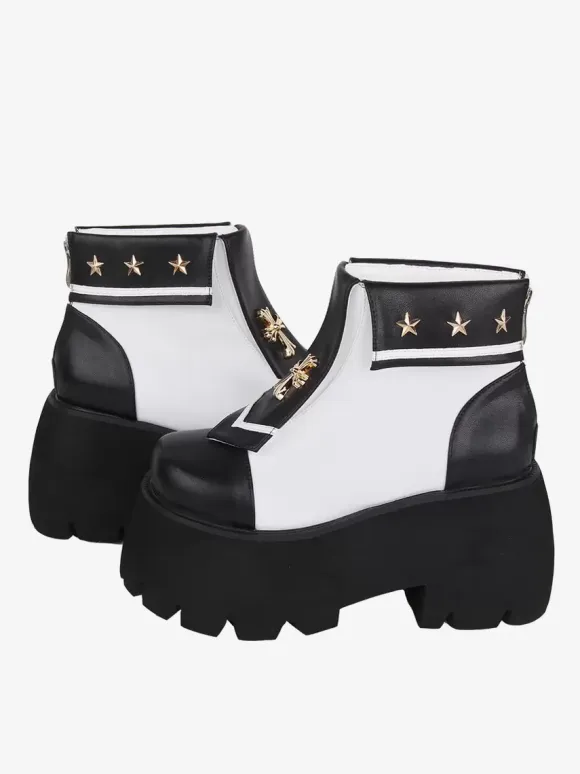 Gothic Lolita Boots PU Leather Metallic Grommets Square Toe Black Lolita Footwear