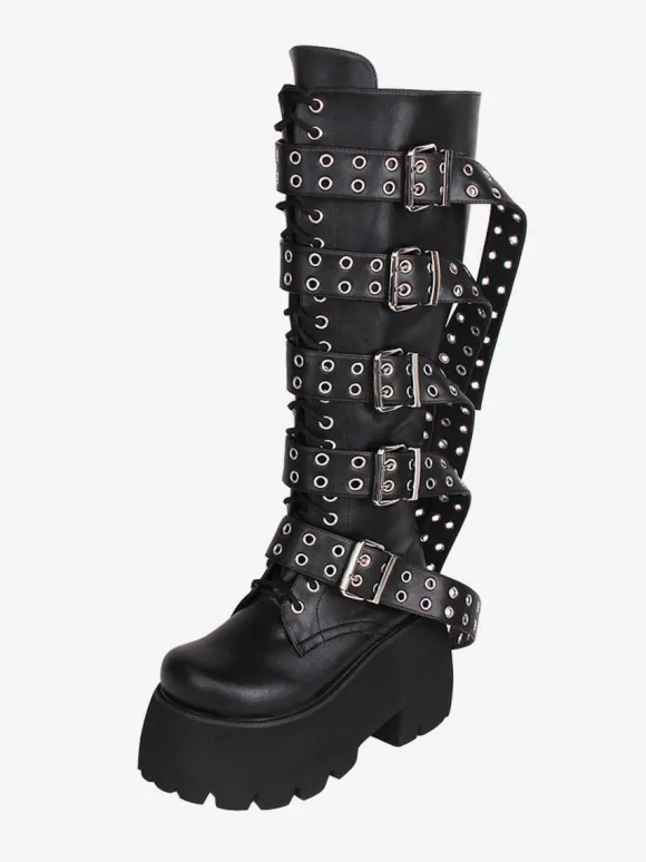 Gothic Lolita Boots PU Leather PU Round Toe Black Lolita Footwear
