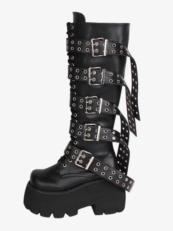 Gothic Lolita Boots PU Leather PU Round Toe Black Lolita Footwear