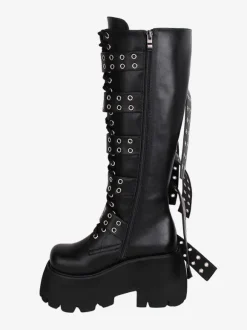 Gothic Lolita Boots PU Leather PU Round Toe Black Lolita Footwear