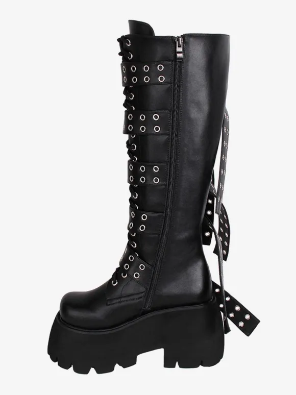 Gothic Lolita Boots PU Leather PU Round Toe Black Lolita Footwear
