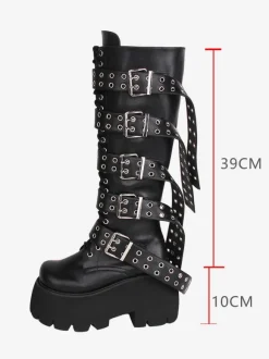 Gothic Lolita Boots PU Leather PU Round Toe Black Lolita Footwear