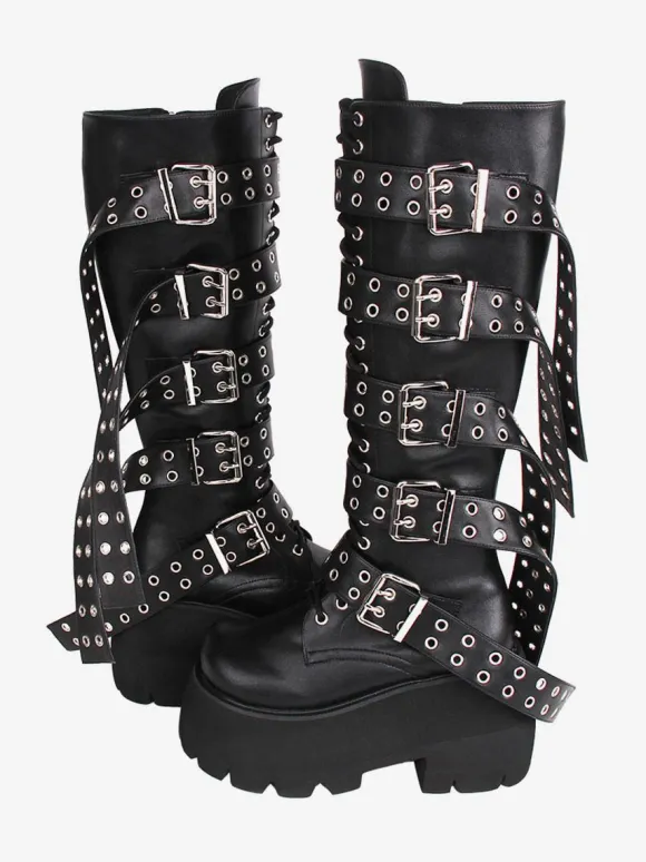 Gothic Lolita Boots PU Leather PU Round Toe Black Lolita Footwear