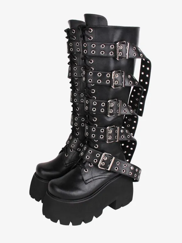 Gothic Lolita Boots PU Leather PU Round Toe Black Lolita Footwear