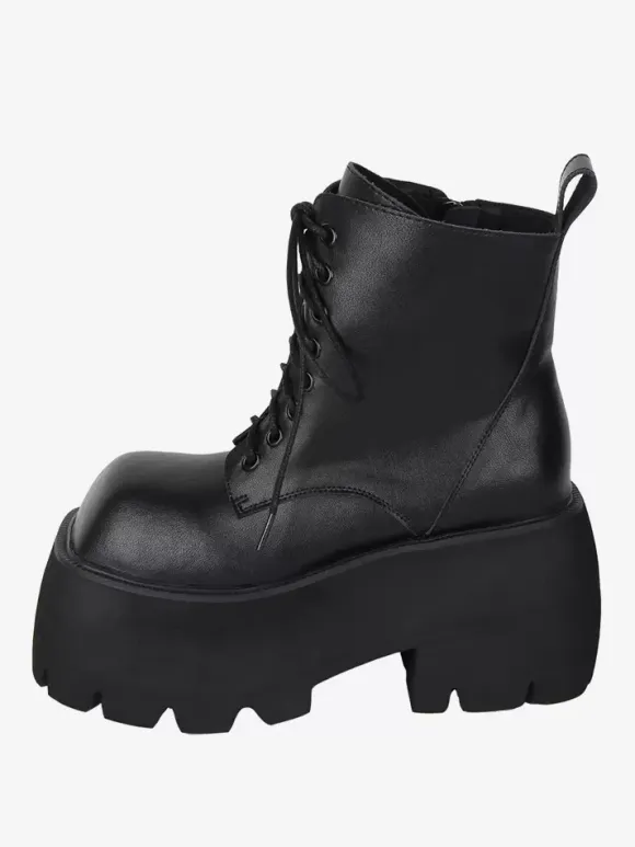 Gothic Lolita Boots White Lace up Square Toe PU Leather Lolita Footwear
