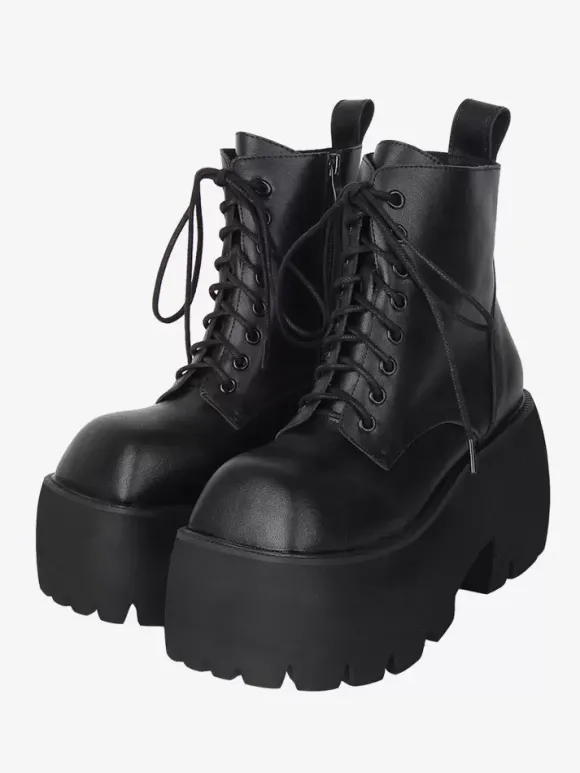 Gothic Lolita Boots White Lace up Square Toe PU Leather Lolita Footwear