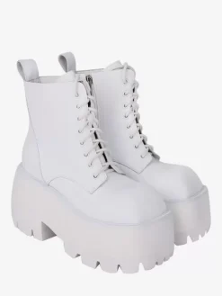 Gothic Lolita Boots White Lace up Square Toe PU Leather Lolita Footwear