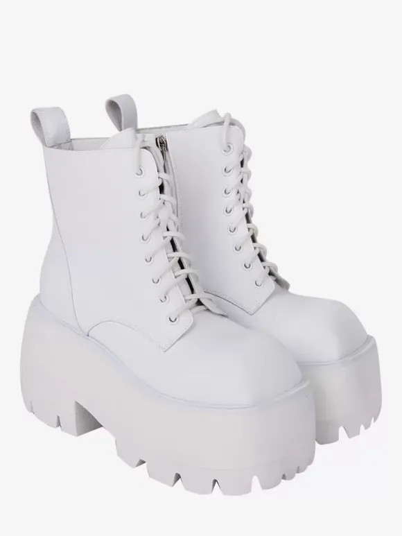 Gothic Lolita Boots White Lace up Square Toe PU Leather Lolita Footwear