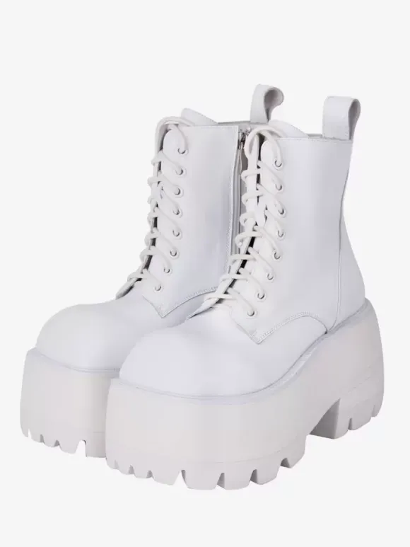Gothic Lolita Boots White Lace up Square Toe PU Leather Lolita Footwear