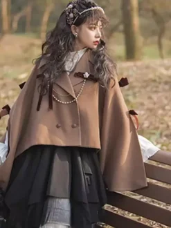 Gothic Lolita Cape Black Polyester Chains Bows Winter Lolita Outwears