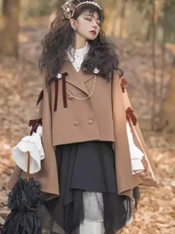 Gothic Lolita Cape Black Polyester Chains Bows Winter Lolita Outwears