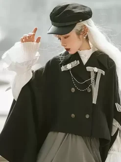 Gothic Lolita Cape Black Polyester Chains Bows Winter Lolita Outwears