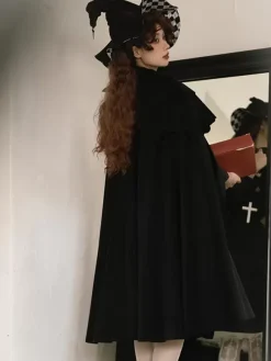 Gothic Lolita Cape Black Polyester Ruffles Winter Lolita Outwears