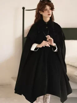 Gothic Lolita Cape Black Polyester Ruffles Winter Lolita Outwears