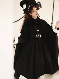Gothic Lolita Cape Black Polyester Ruffles Winter Lolita Outwears