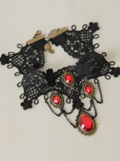 Gothic Lolita Choker Metal Detail Jewel Lace Black Lolita Necklace
