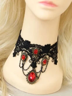 Gothic Lolita Choker Metal Detail Jewel Lace Black Lolita Necklace