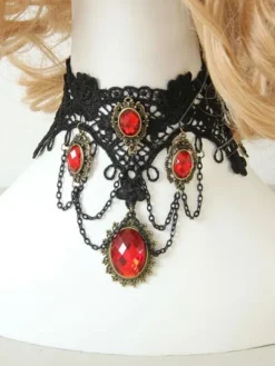 Gothic Lolita Choker Metal Detail Jewel Lace Black Lolita Necklace