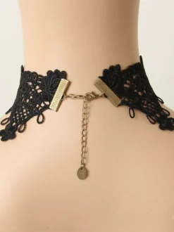 Gothic Lolita Choker Metal Detail Jewel Lace Black Lolita Necklace