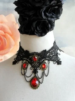 Gothic Lolita Choker Metal Detail Jewel Lace Black Lolita Necklace