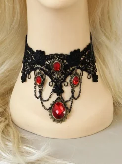 Gothic Lolita Choker Metal Detail Jewel Lace Black Lolita Necklace