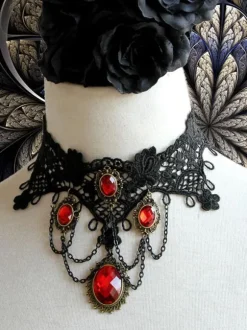 Gothic Lolita Choker Metal Detail Jewel Lace Black Lolita Necklace