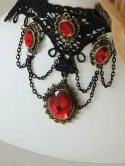 Gothic Lolita Choker Metal Detail Jewel Lace Black Lolita Necklace