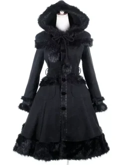 Gothic Lolita Coats Black Coat Pom Poms Overcoat Polyester Fall Lolita Outwears