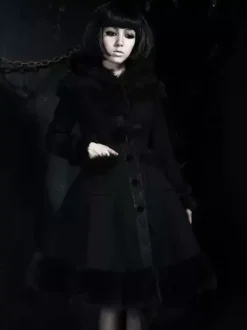 Gothic Lolita Coats Black Coat Pom Poms Overcoat Polyester Fall Lolita Outwears
