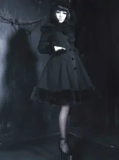 Gothic Lolita Coats Black Coat Pom Poms Overcoat Polyester Fall Lolita Outwears