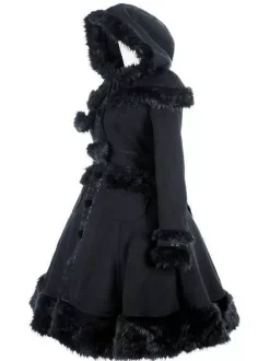 Gothic Lolita Coats Black Coat Pom Poms Overcoat Polyester Fall Lolita Outwears