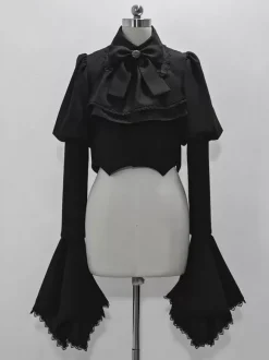 Gothic Lolita Coats Black Coat Bows Lace Ruffles Overcoat Polyester Fall Lolita Outwears