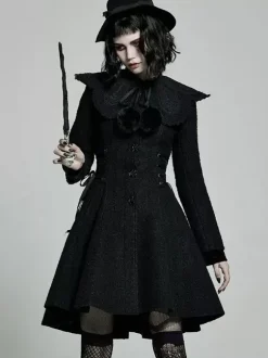Gothic Lolita Coats Black Coat Pom Poms Overcoat Polyester Winter Lolita Outwears