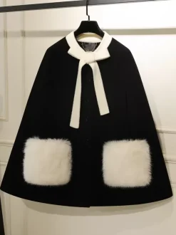 Gothic Lolita Coats Black Coat Bows Color Block Overcoat Polyester Winter Lolita Outwears